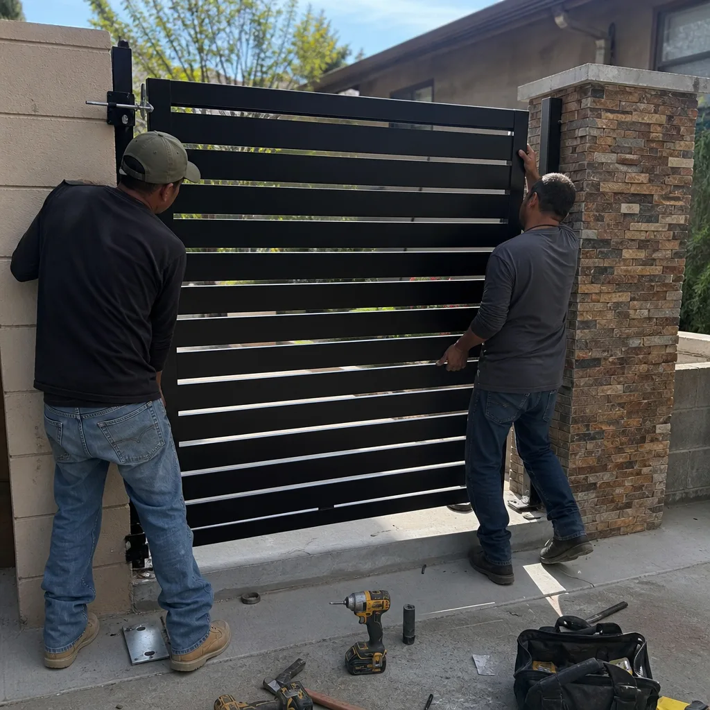 Two contractors installing a modern black metal gate