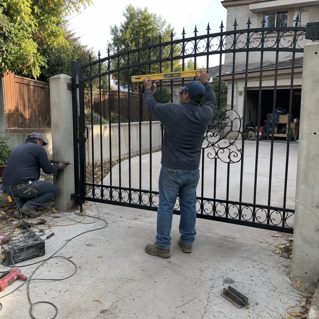 Professional workers performing custom wrought iron gate installation and leveling
