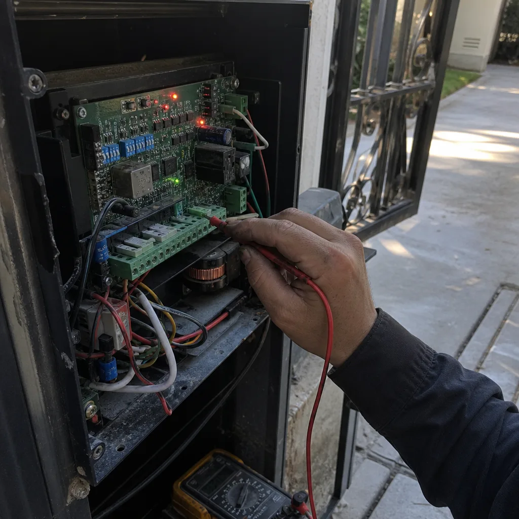 Technician using a multimeter to repair an electronic gate motor opener